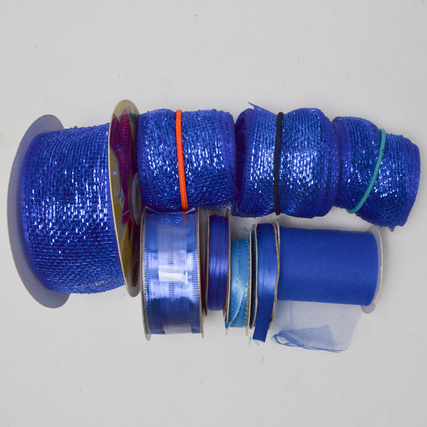 Blue Sparkly Tulle + Satin Ribbon Bundle - 9 Spools