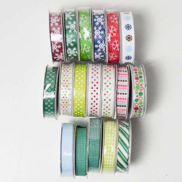 Snowflake + Christmas Pattern Ribbon Bundle - 18 Spools