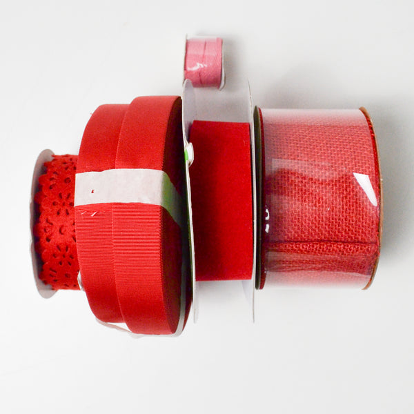 Red Grosgrain Nylon Tape, Velvet Ribbon + Burlap Bundle