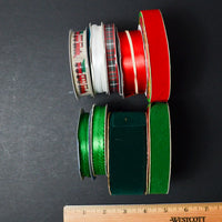 Green, Red + Printed Velvet, Satin and Fabric Ribbon Bundle - 9 Spools