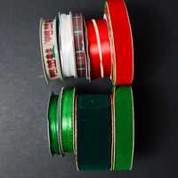Green, Red + Printed Velvet, Satin and Fabric Ribbon Bundle - 9 Spools