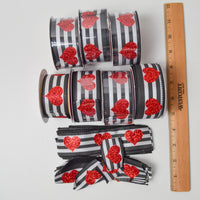 Black + White Striped Ribbon with Sparkly Hearts - 7 Spools