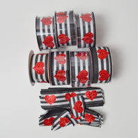 Black + White Striped Ribbon with Sparkly Hearts - 7 Spools