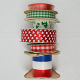 Red, White + Green Patterned Flora-Satin, Acetate + Satin Ribbon Bundle - 6 Rolls