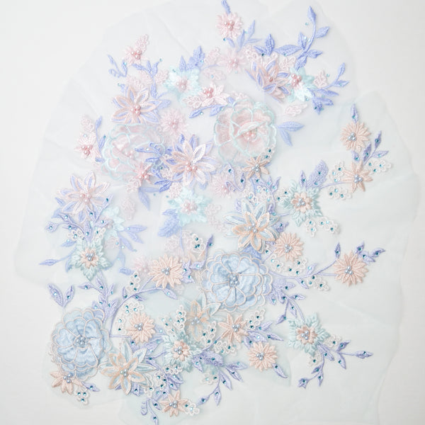 Pastel Blue + Pink Sequin and Lace Floral Appliqué