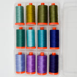 Green, Blue + Purple Aurifil Mako'ne 50/2 Thread in Carrying Case - 12 Spools