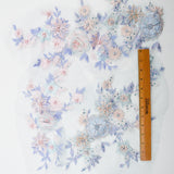 Blue + Pink Beaded + Embroidered Floral Embellishments on Mesh Backing