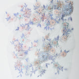 Blue + Pink Beaded + Embroidered Floral Embellishments on Mesh Backing