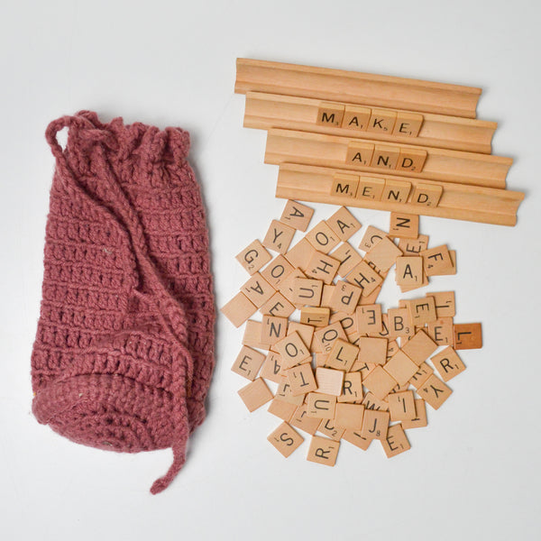Scrabble Tiles and Stands in Crochet Bag