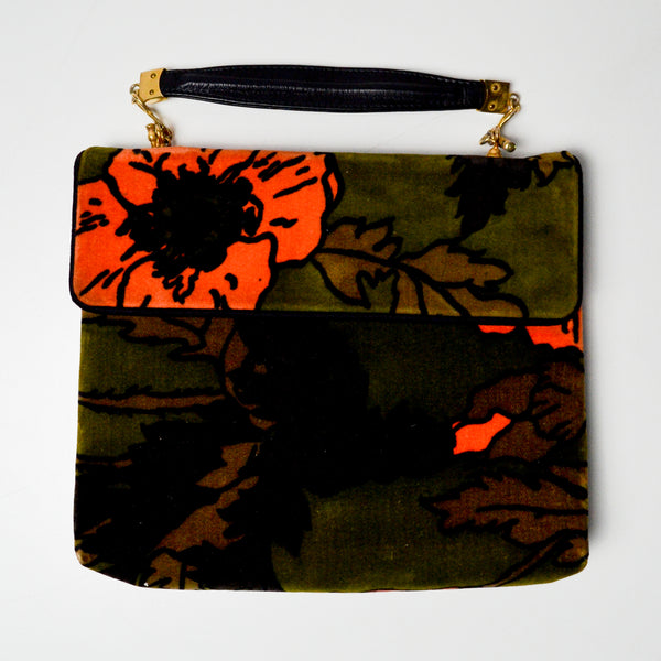 Green + Orange Velvet Poppy Pattern Mangiameli Purse