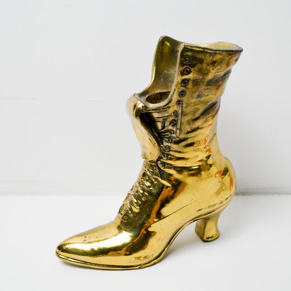 Gold Tone Heavy Cast Metal Boot Vase