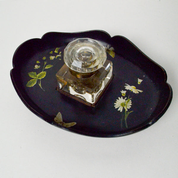 Vintage Inkwell with Hinged Lid + Lacquered Floral Tray - Missing 1 Foot