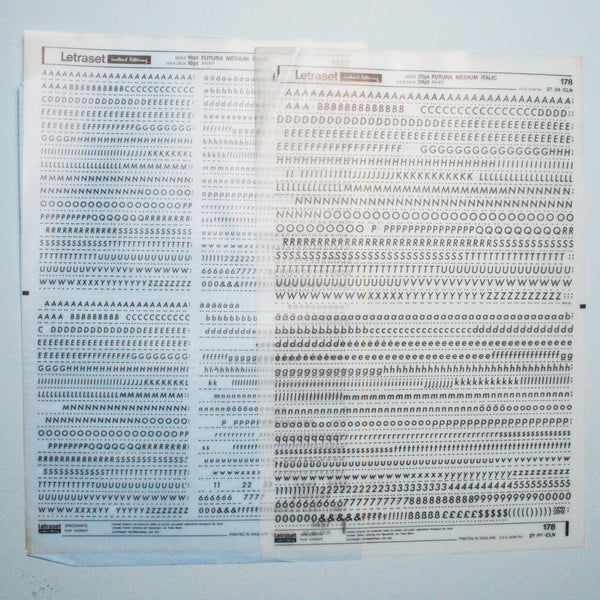 Letraset 18 pt + 24 pt Futura Medium Italic Dry Transfer Lettering