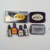 StazOn Metallic Solvent Ink Pads + Refill Bottles, ColorBox Silver Ink Pad + Tsukineko Metallic Ink Refills