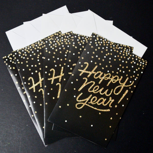 Black + Gold Happy New Year Cards with Envelopes - 5 Sets