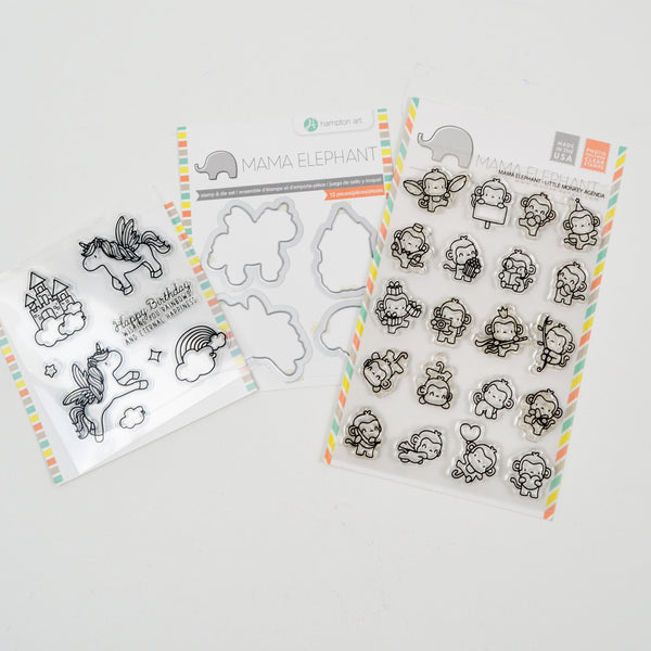 Mama Elephant Unicorn Stamp & Die Set + Little Monkey Agenda Stamp Set - 2 Packs