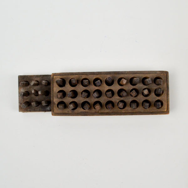 Vintage Steel Letter + Number Metal Stamping Set in Wood Holders