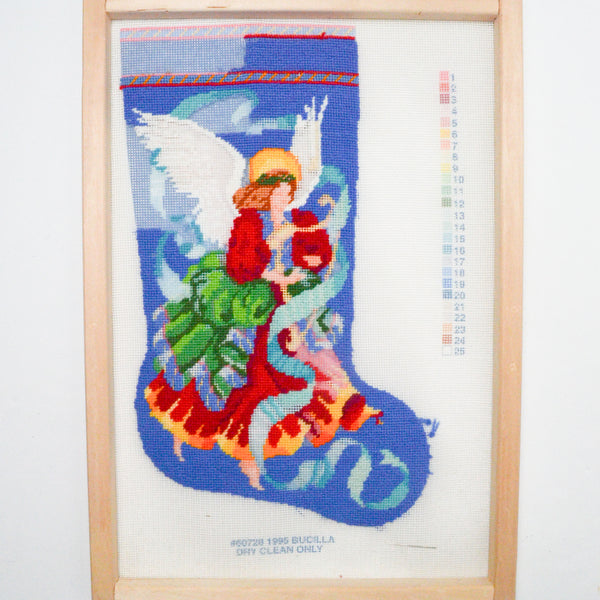 Bucilla Needlepoint Stocking Canvas in Needlework Frame - Mostly Complete