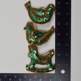 Green + Gold Sequin Bird + Rocking Horse Ornaments
