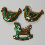 Green + Gold Sequin Bird + Rocking Horse Ornaments