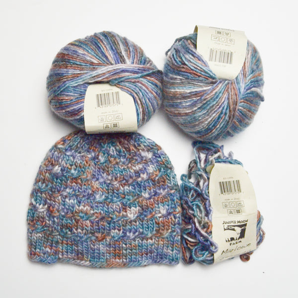 Colorful Variegated Juniper Moon Farm Marlowe Merino Wool + Silk Blend Yarn - 2 Balls + Finished Hat