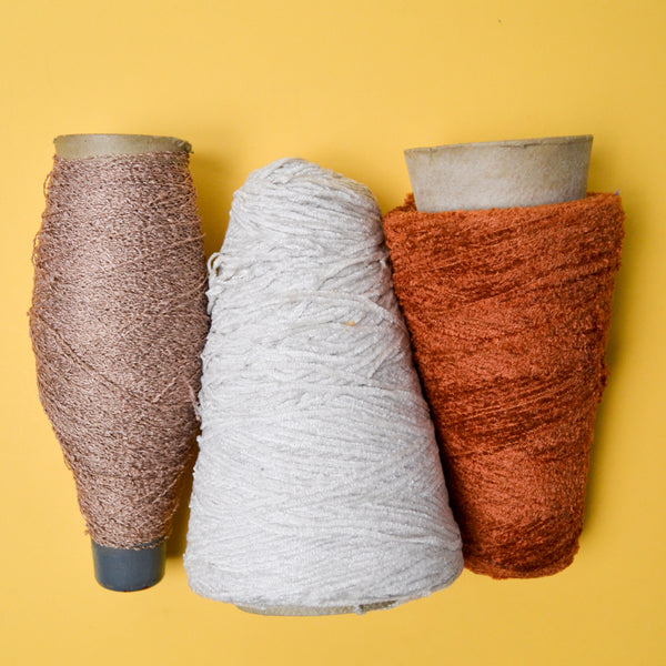 Brown + White Chenille + Boucle Yarn - 3 Cones