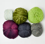 Green, Purple + Gray Wool + Natural Fiber Blend Yarn Bundle - 6 Balls