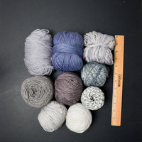 Gray, Blue + Purple Wool + Natural Fiber Yarn Bundle - 9 Balls