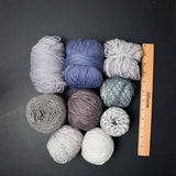 Gray, Blue + Purple Wool + Natural Fiber Yarn Bundle - 9 Balls