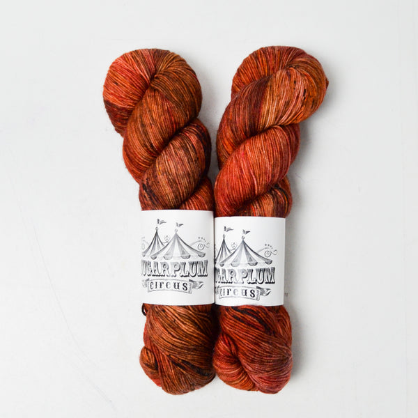 Red + Warm Brown Variegated Sugarplum Circus Smooth Sock Merino Wool + Nylon Blend Yarn - 2 Seins