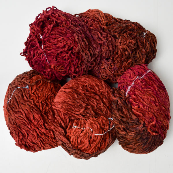 Red, Orange + Brown Cotton Chenille Yarn - 4 Large Skeins