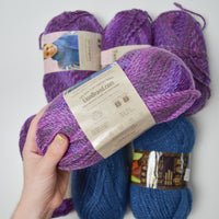 Purple + Blue Lion Brand Tweed Stripes + Assorted Acrylic Yarn - 7 Skeins