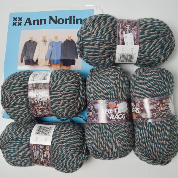 Green + Tan Marled Shetland Ragg Acrylic Blend Yarn + Sweater Pattern - 5 Skeins