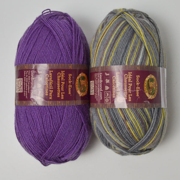 Purple + Green & Gray Variegated Lion Brand Yarn Sock Ease Wool + Nylon Blend Yarn - 2 Skeins