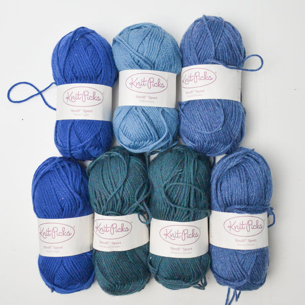 Green + Blue Knit Picks Stroll Sport Wool + Nylon Blend Yarn - 7 Skeins