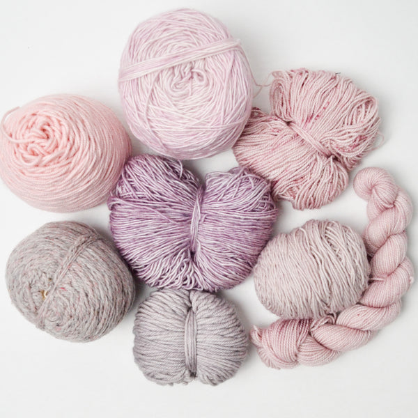 Light Pink, Purple + Gray Wool + Natural Fiber Yarn Bundle