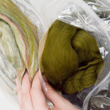 Green Variegated Country Delights Wool/Silk Roving + Roving and Hand Spun Yarn