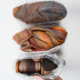 Autumnal Variegated Wool Batts, Roving + Hand Spun Yarn with Wooden Bobbin