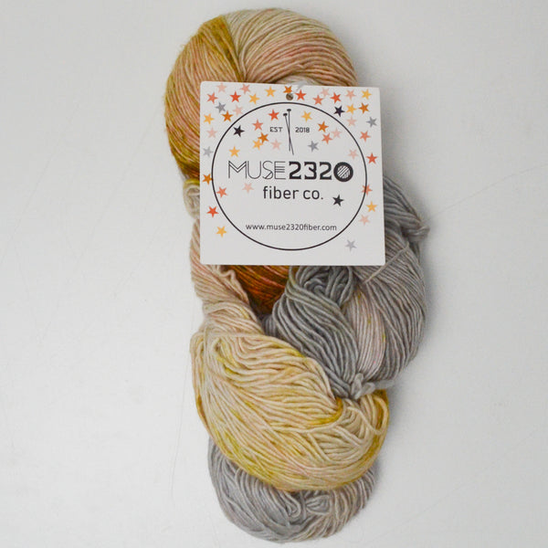 Tan, Gray + Yellow Variegated Muse2320 Fiber Co. Fat Finch Fingering Superwash Merino Yarn - 1 Skein