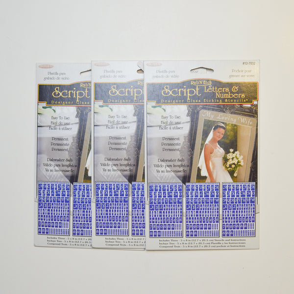 Rub 'N Etch Script Letters & Numbers Glass Etching Stencil Bundle